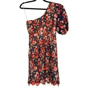 NWOT Dress The Population Gabriella One Shoulder Puff Sleeve Floral Mini Dress